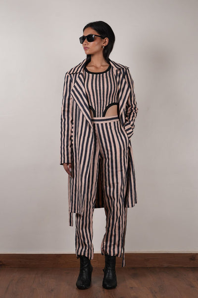 Pink with Charcoal Block Printed Striped Trench & Bodysuit Set (3 PCS)