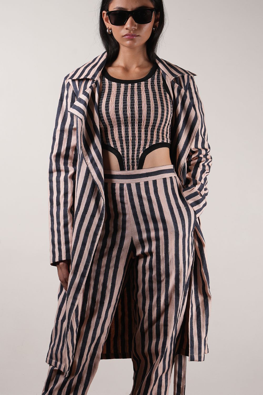 Pink with Charcoal Block Printed Striped Trench & Bodysuit Set (3 PCS)