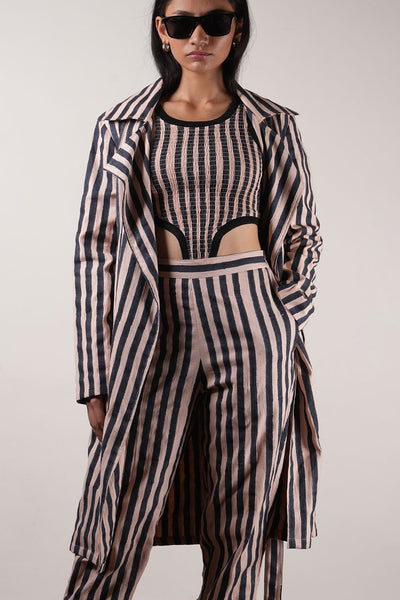Pink with Charcoal Block Printed Striped Trench & Bodysuit Set (3 PCS)
