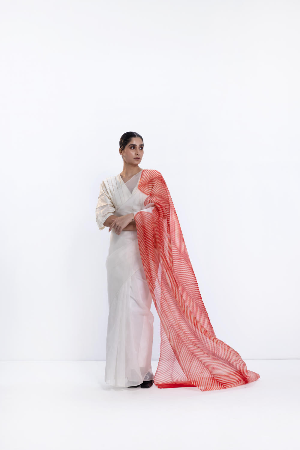 SHORE SAREE - IVORY/RED