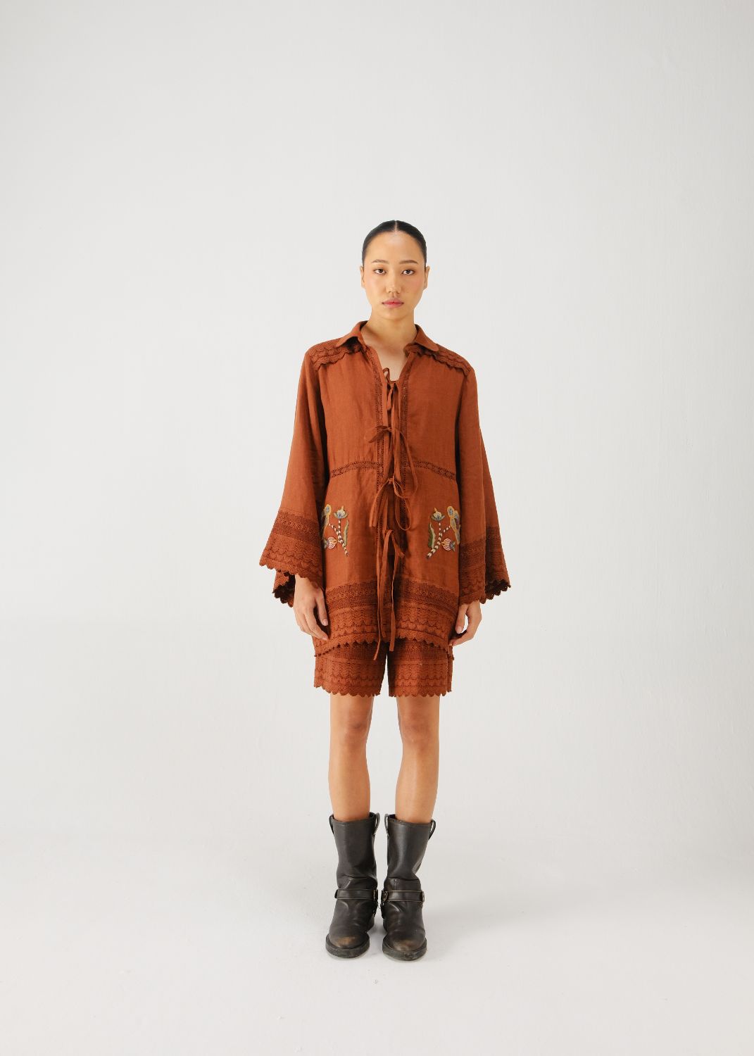 Tie up set-Rust bloom emb.