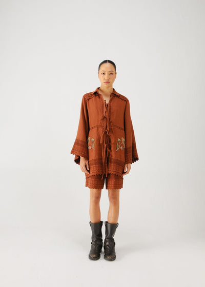 Tie up set-Rust bloom emb.