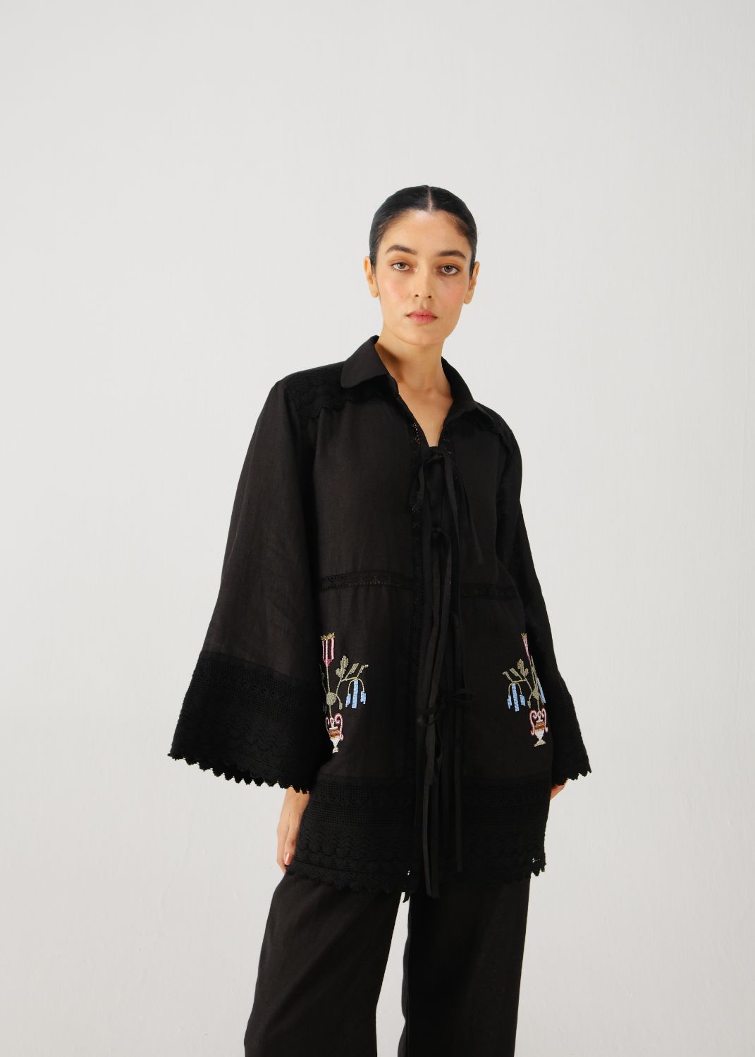 Tie up shirt-Black bead emb.