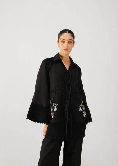 Tie up shirt-Black bead emb.