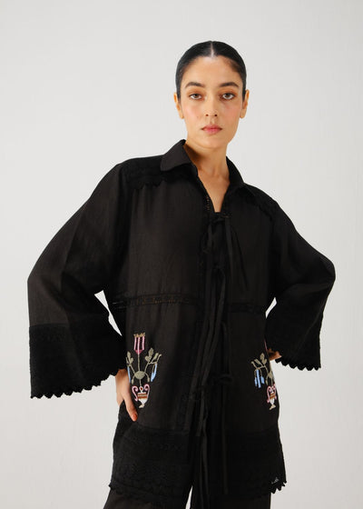 Tie up shirt-Black bead emb.