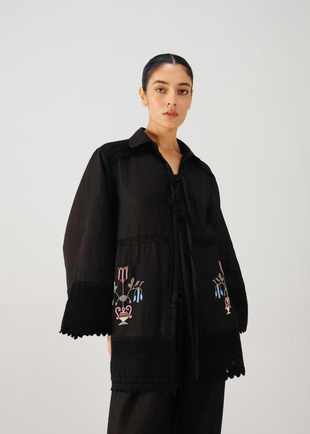 Tie up shirt-Black bead emb.