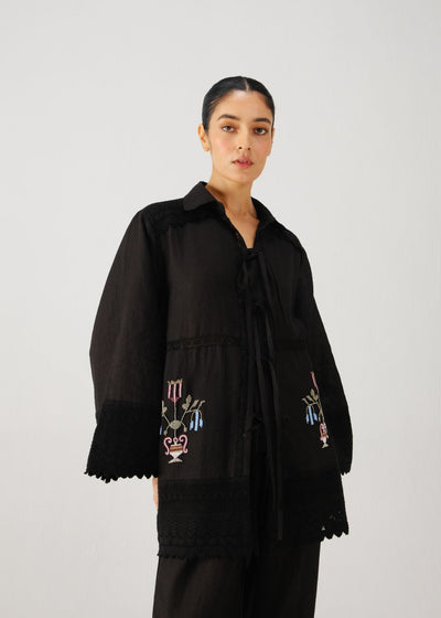 Tie up shirt-Black bead emb.