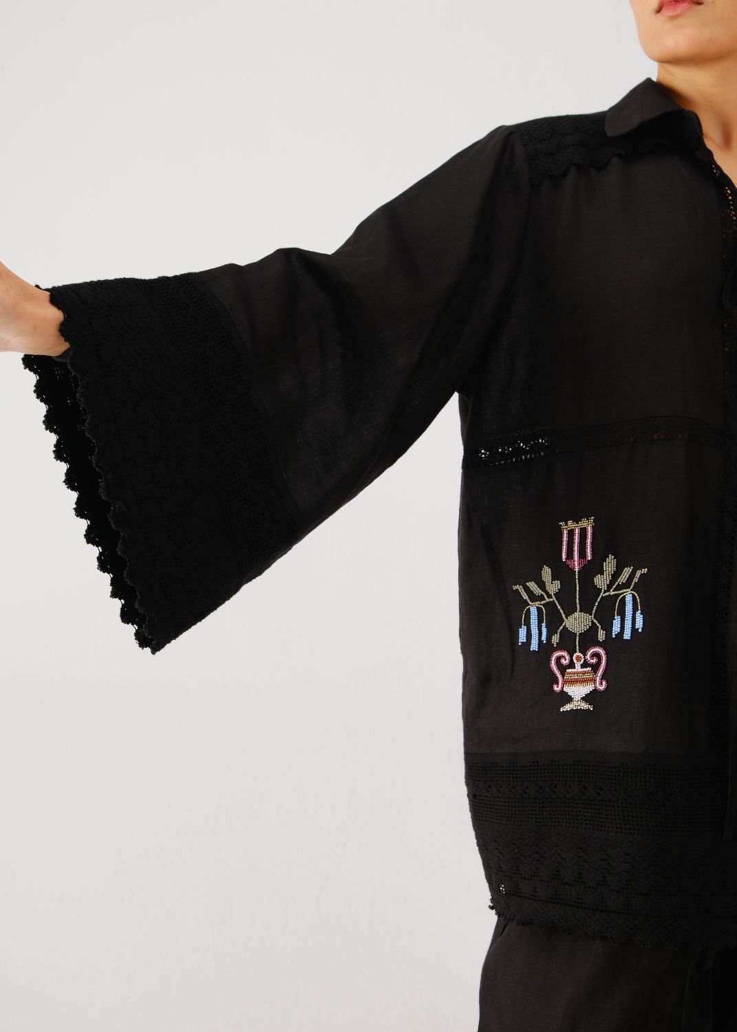 Tie up shirt-Black bead emb.