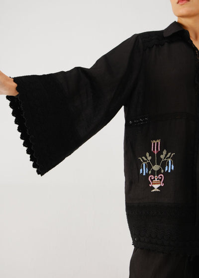 Tie up shirt-Black bead emb.