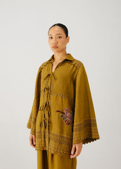 Tie up shirt-Olive parrot emb.
