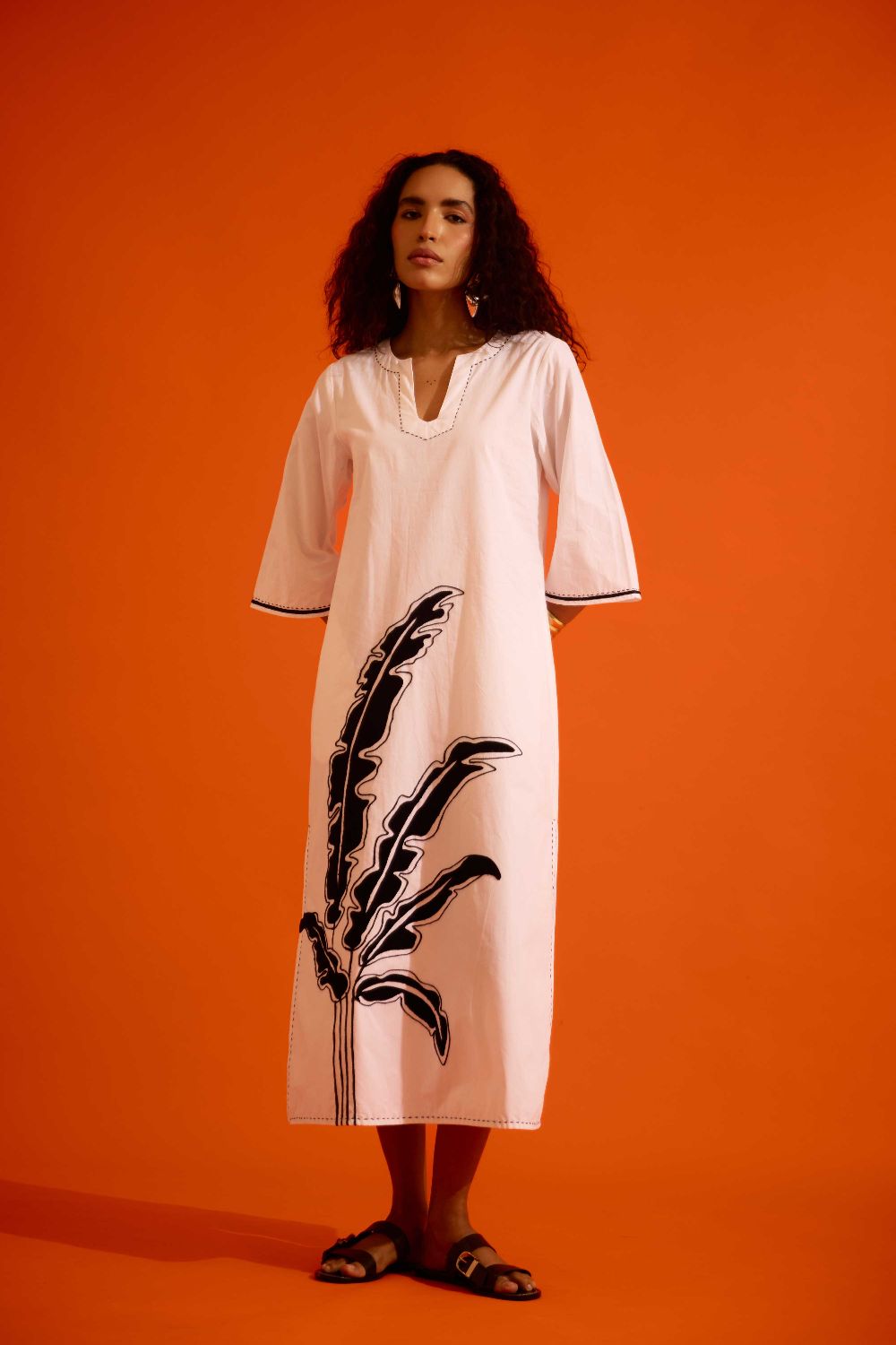 Ivory Cotton Thread Embroidered Dress With Leaf Motif