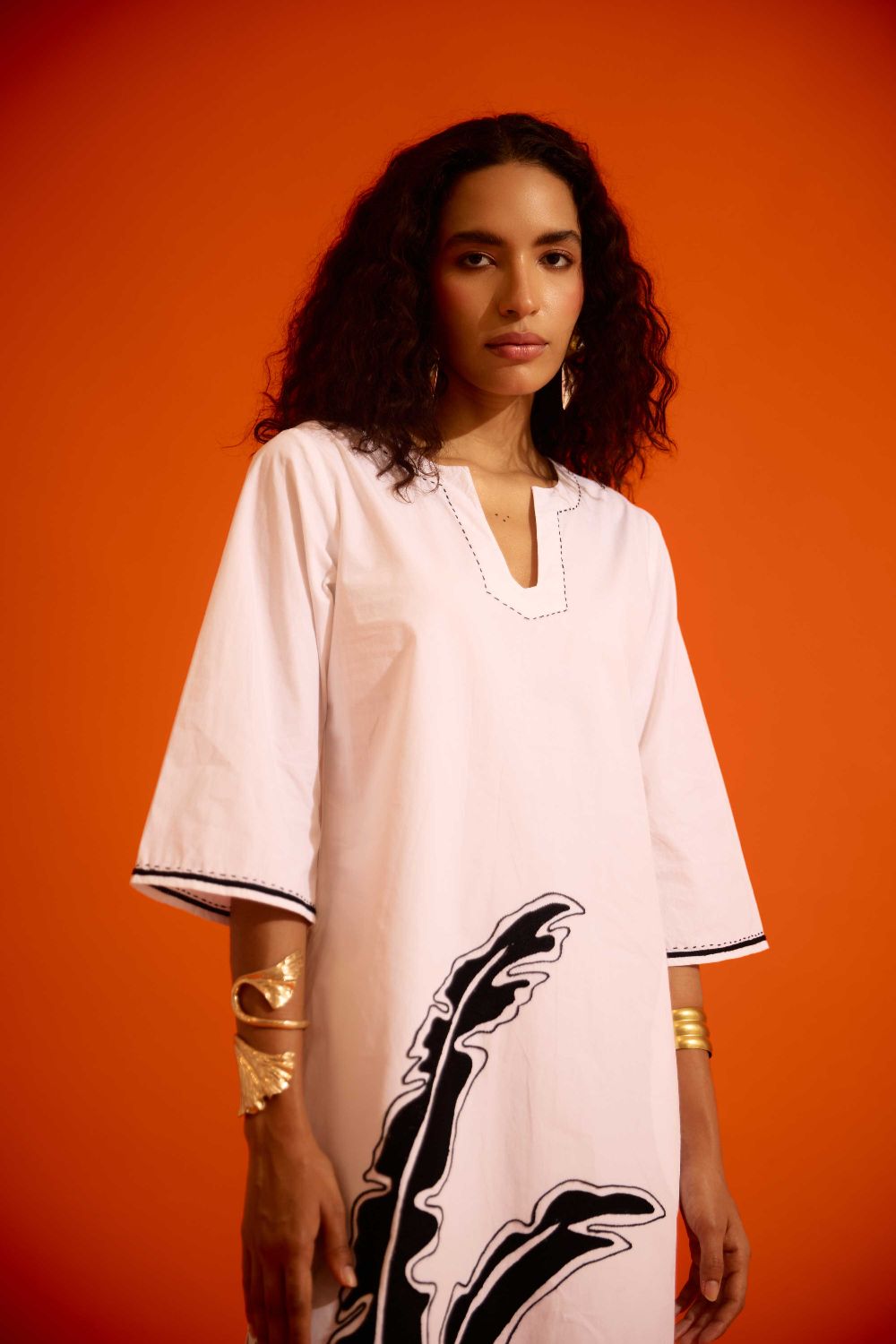 Ivory Cotton Thread Embroidered Dress With Leaf Motif