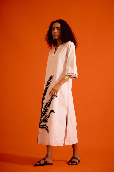 Ivory Cotton Thread Embroidered Dress With Leaf Motif