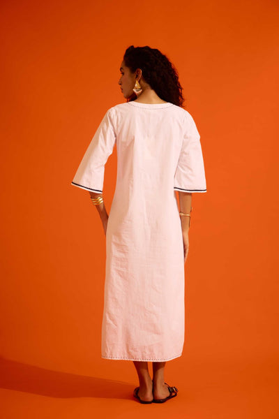 Ivory Cotton Thread Embroidered Dress With Leaf Motif