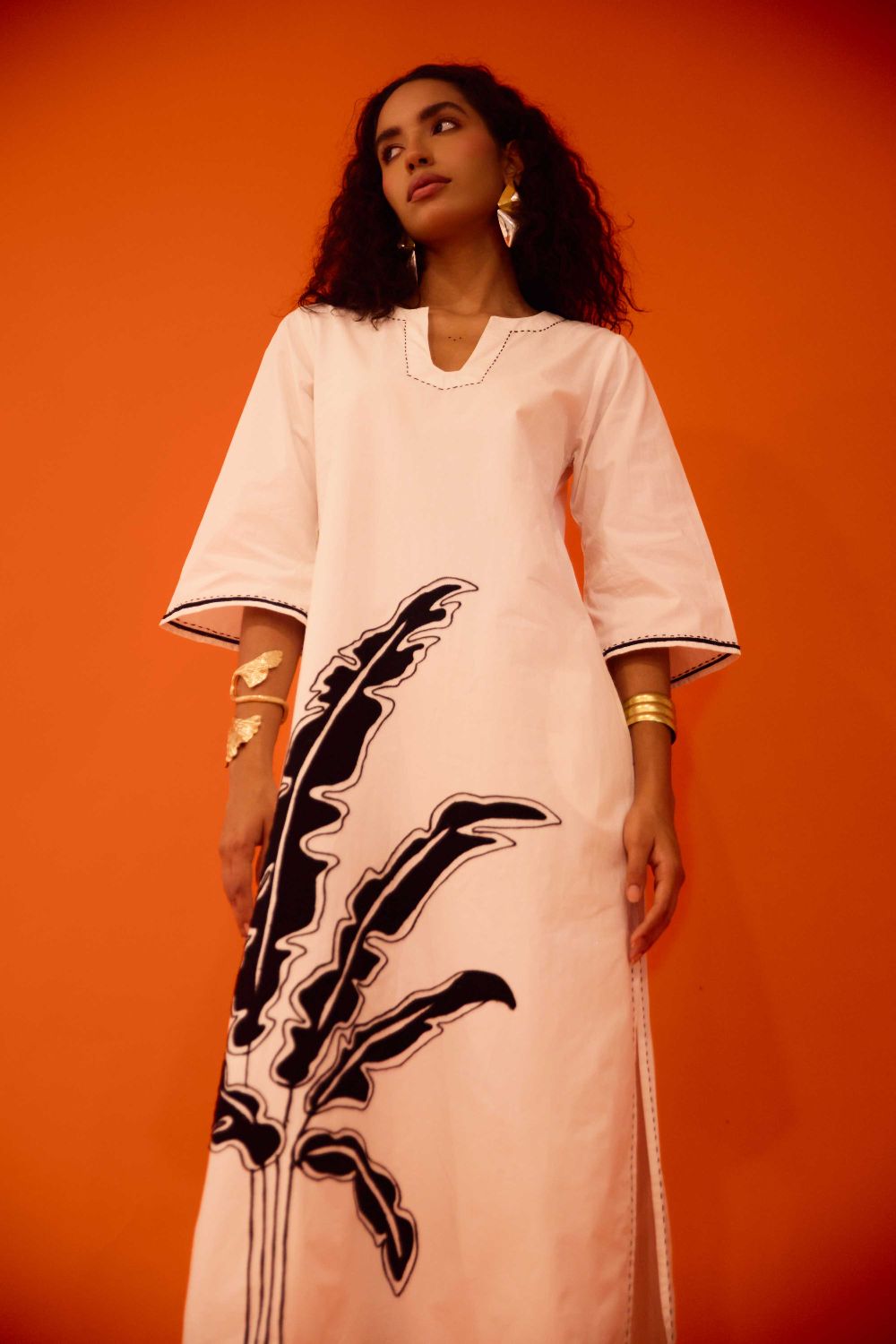 Ivory Cotton Thread Embroidered Dress With Leaf Motif