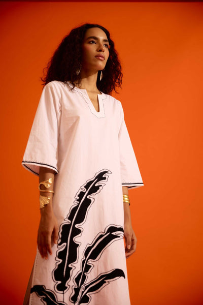 Ivory Cotton Thread Embroidered Dress With Leaf Motif