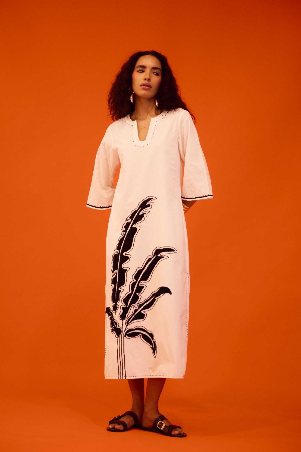 Ivory Cotton Thread Embroidered Dress With Leaf Motif