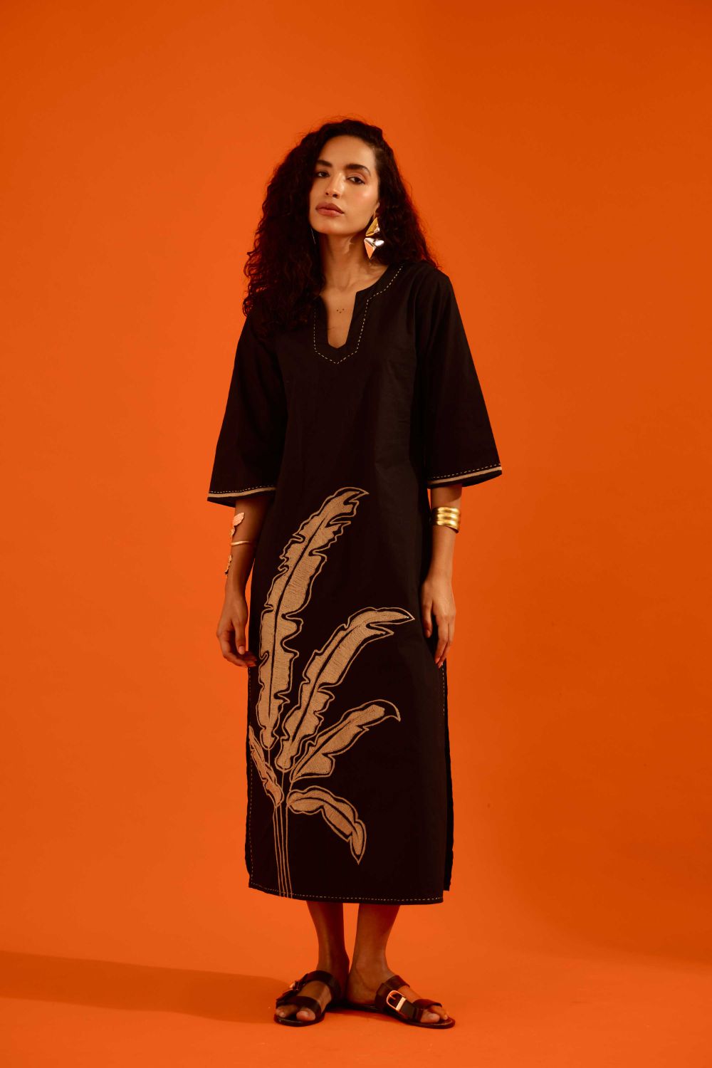 Black Cotton Thread Embroidered Dress With Leaf Motif