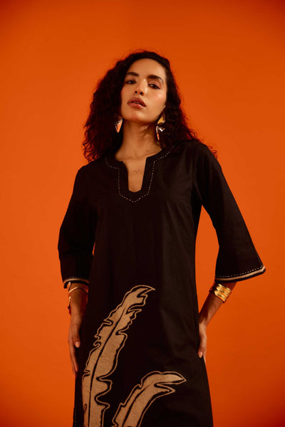 Black Cotton Thread Embroidered Dress With Leaf Motif