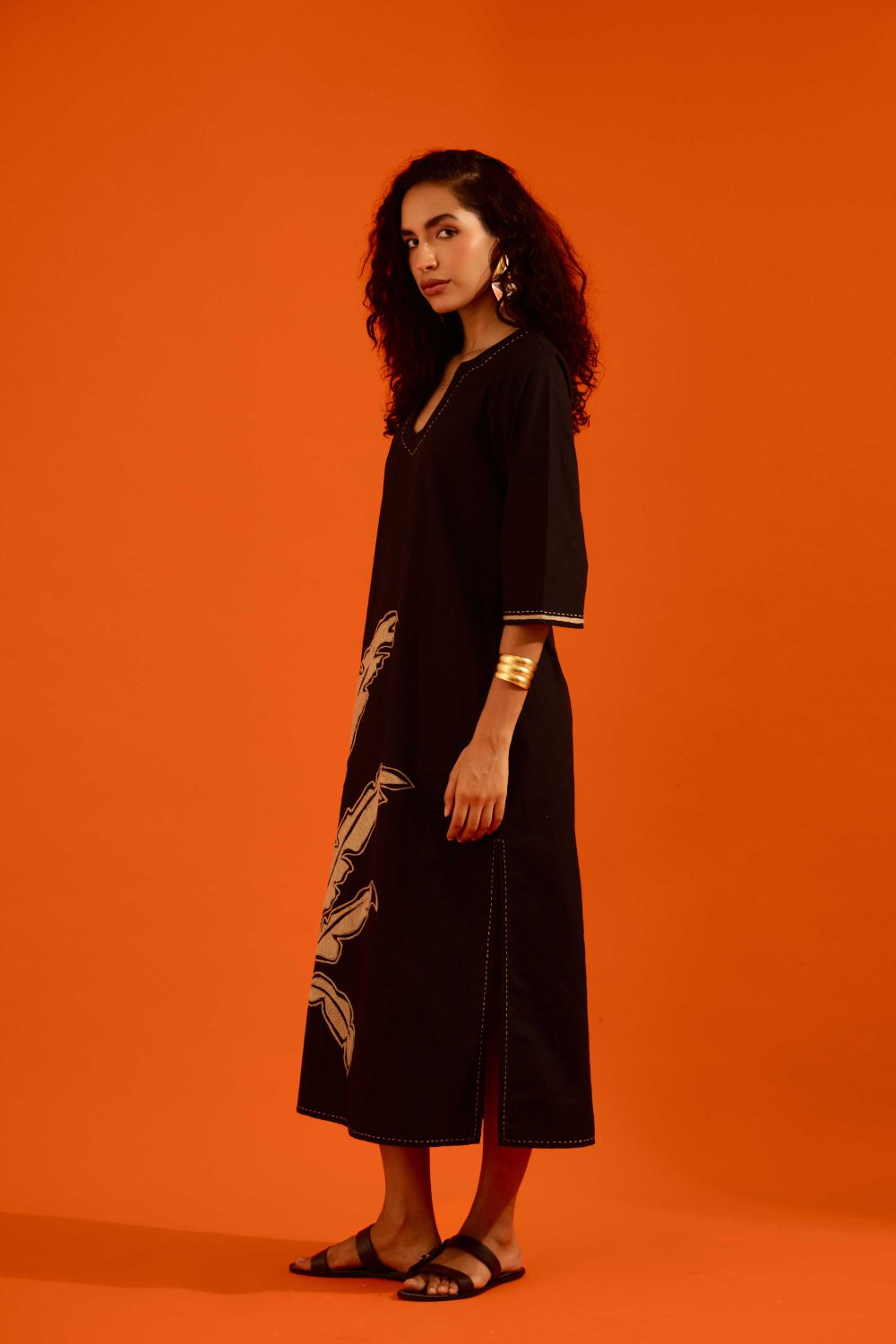 Black Cotton Thread Embroidered Dress With Leaf Motif