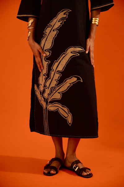 Black Cotton Thread Embroidered Dress With Leaf Motif