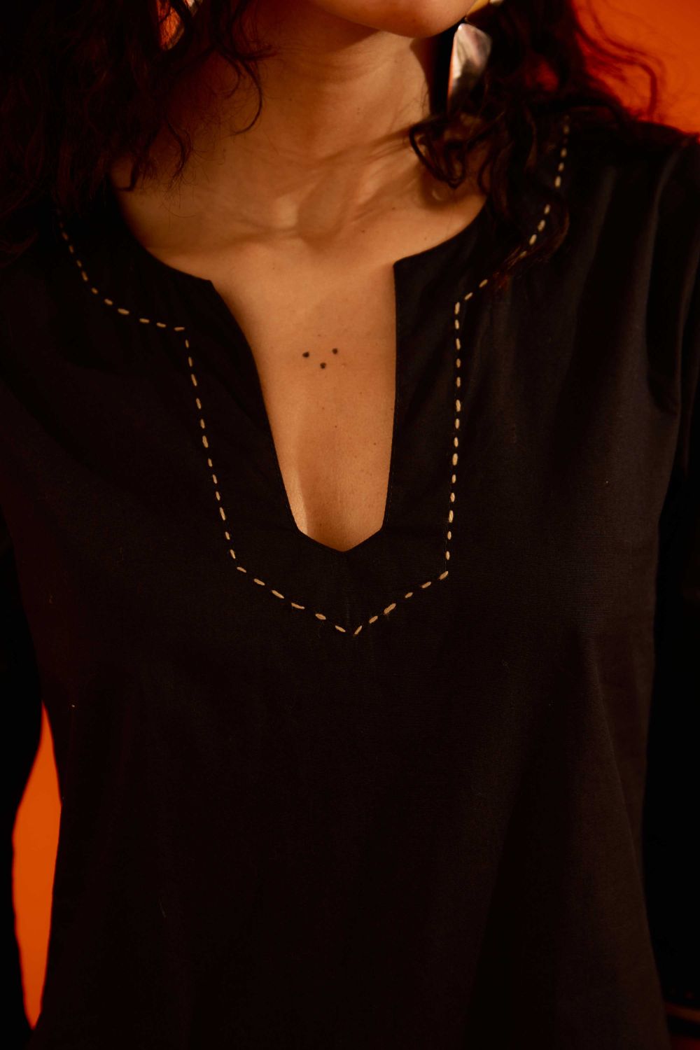 Black Cotton Thread Embroidered Dress With Leaf Motif