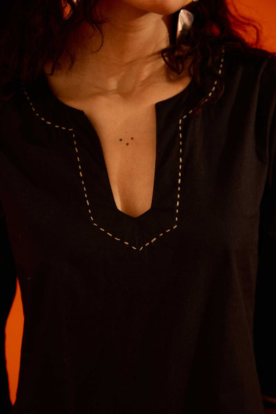Black Cotton Thread Embroidered Dress With Leaf Motif