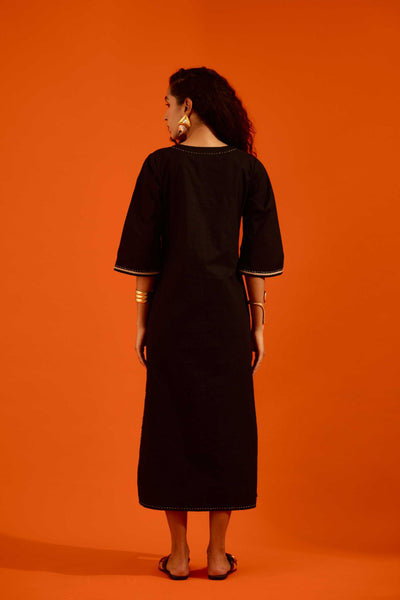 Black Cotton Thread Embroidered Dress With Leaf Motif