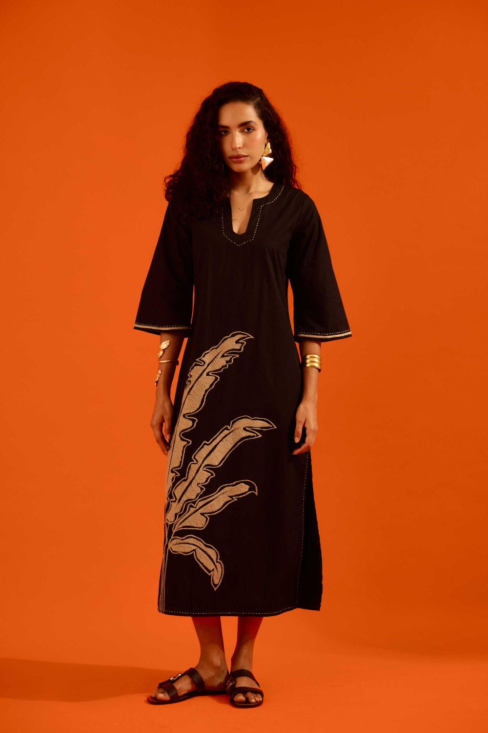 Black Cotton Thread Embroidered Dress With Leaf Motif