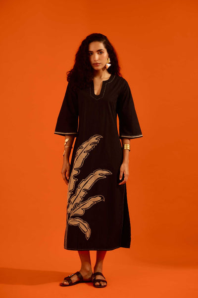 Black Cotton Thread Embroidered Dress With Leaf Motif