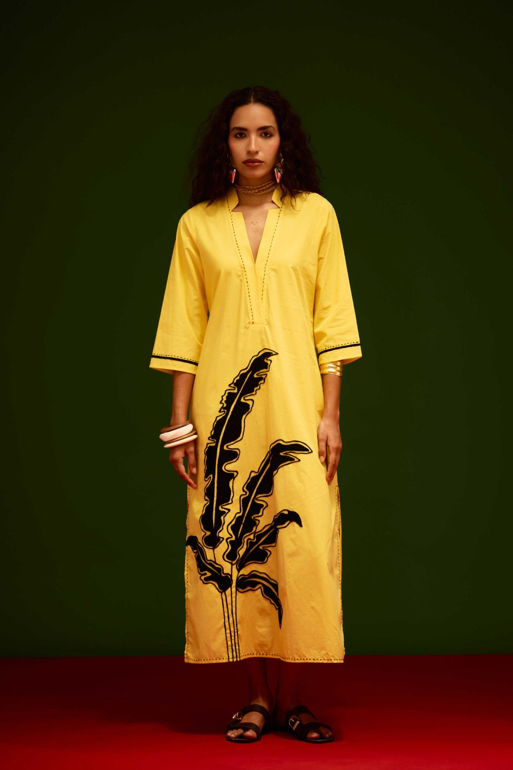 Mango Yellow Cotton Thread Embroidered Dress With Leaf Motif