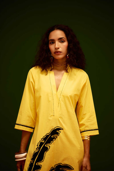 Mango Yellow Cotton Thread Embroidered Dress With Leaf Motif