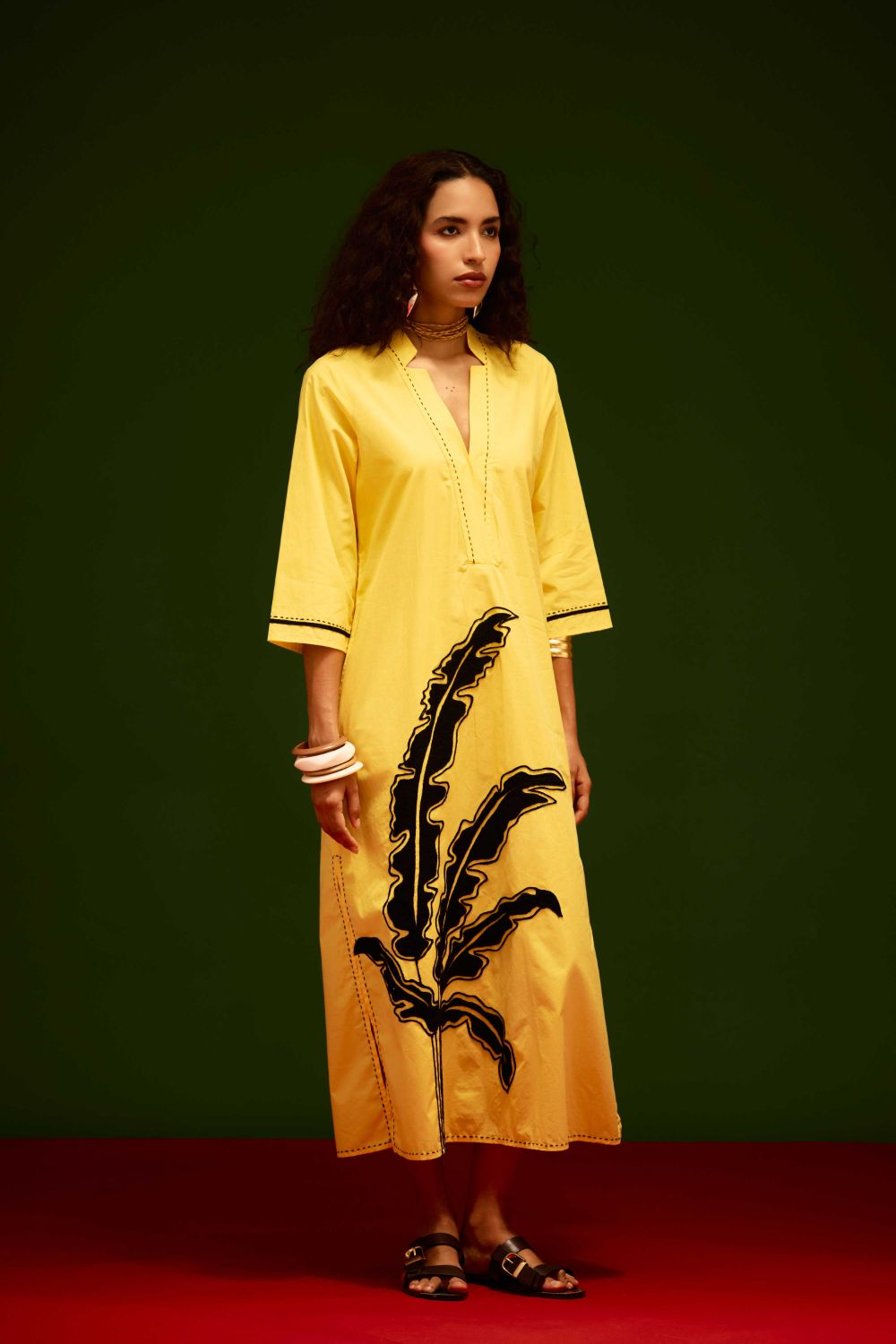 Mango Yellow Cotton Thread Embroidered Dress With Leaf Motif