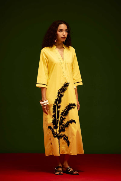 Mango Yellow Cotton Thread Embroidered Dress With Leaf Motif