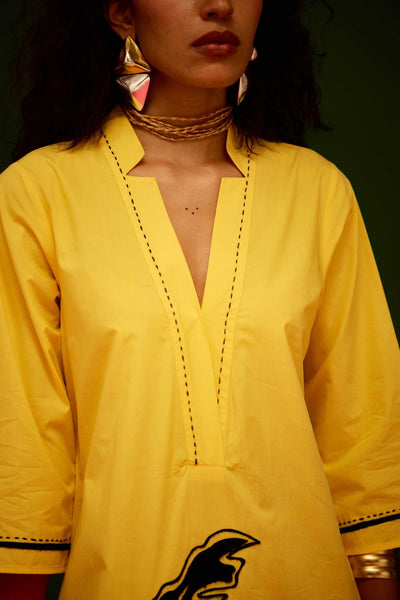 Mango Yellow Cotton Thread Embroidered Dress With Leaf Motif