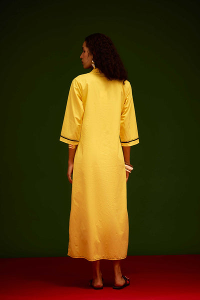 Mango Yellow Cotton Thread Embroidered Dress With Leaf Motif
