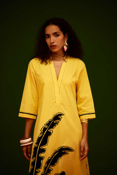 Mango Yellow Cotton Thread Embroidered Dress With Leaf Motif