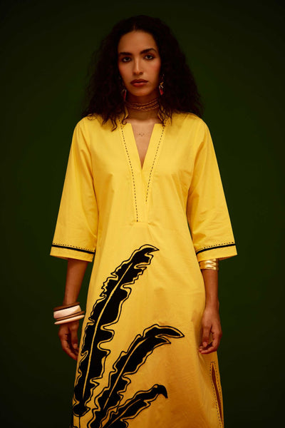 Mango Yellow Cotton Thread Embroidered Dress With Leaf Motif