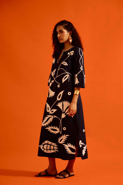 Black Cotton Maxi Dress With Ivory Botanical Thread Embroidery