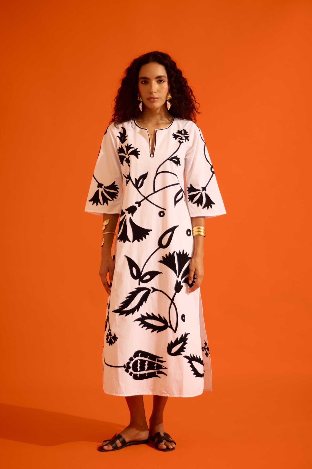 Ivory Cotton Maxi Dress With Black Botanical Thread Embroidery
