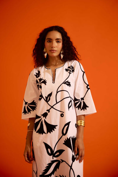 Ivory Cotton Maxi Dress With Black Botanical Thread Embroidery