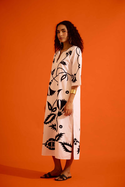 Ivory Cotton Maxi Dress With Black Botanical Thread Embroidery