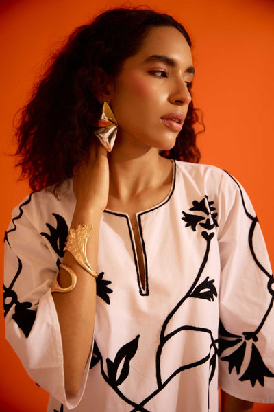Ivory Cotton Maxi Dress With Black Botanical Thread Embroidery