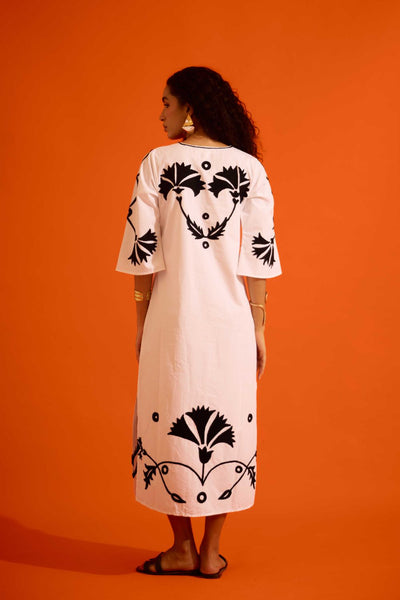 Ivory Cotton Maxi Dress With Black Botanical Thread Embroidery