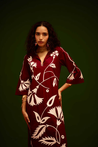 Burgundy Wine Cotton Maxi Dress With Ivory Botanical Thread Embroidery