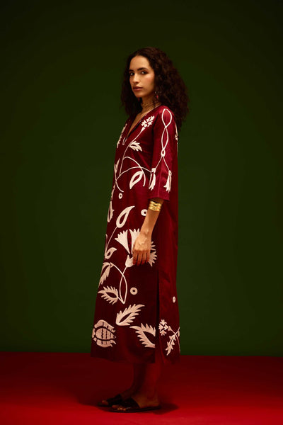 Burgundy Wine Cotton Maxi Dress With Ivory Botanical Thread Embroidery