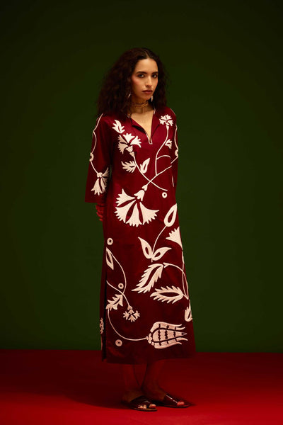 Burgundy Wine Cotton Maxi Dress With Ivory Botanical Thread Embroidery