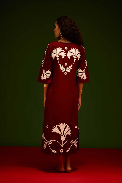 Burgundy Wine Cotton Maxi Dress With Ivory Botanical Thread Embroidery