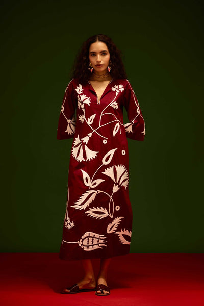 Burgundy Wine Cotton Maxi Dress With Ivory Botanical Thread Embroidery