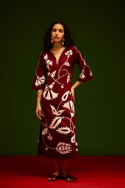 Burgundy Wine Cotton Maxi Dress With Ivory Botanical Thread Embroidery